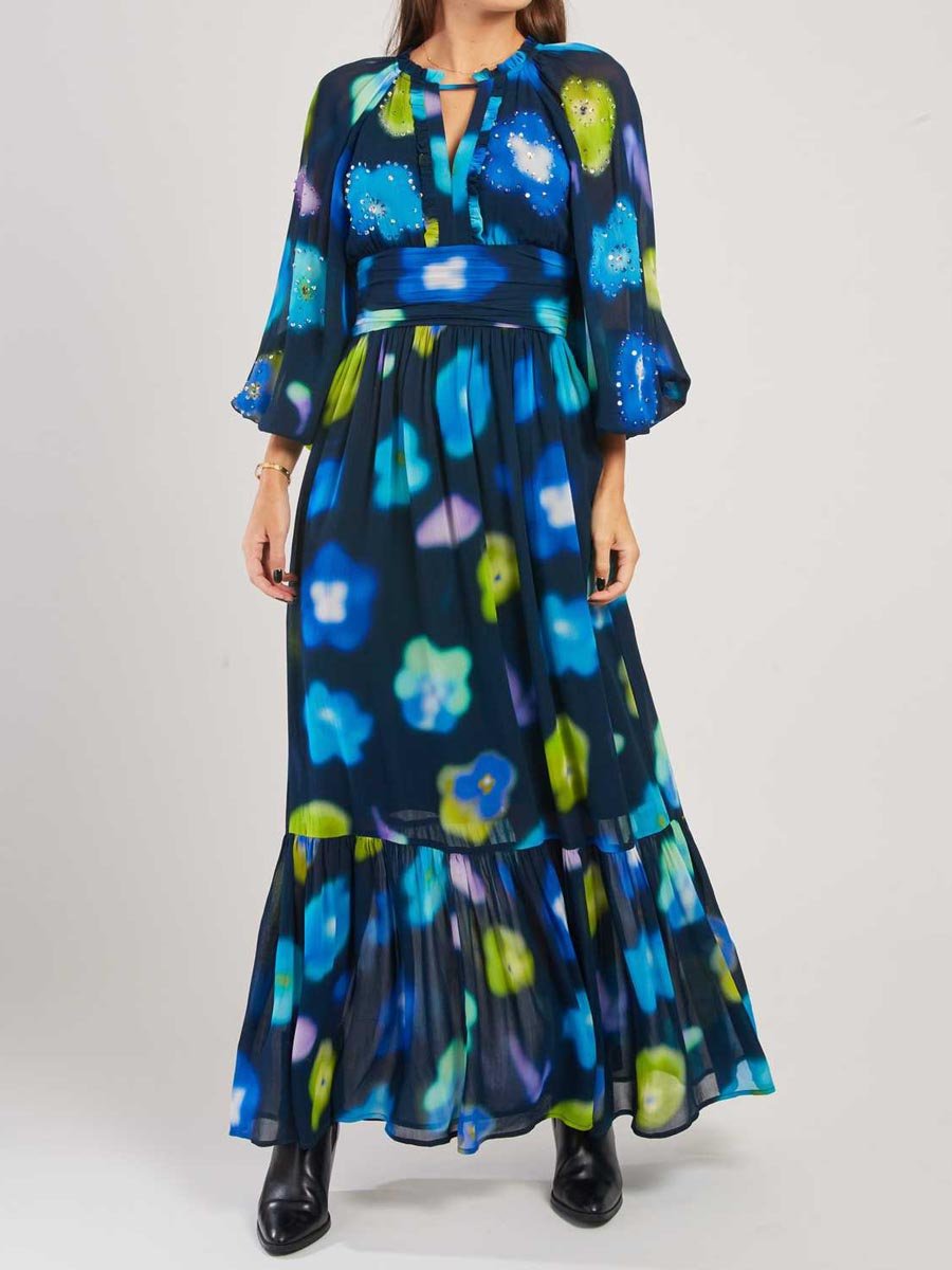 Printed Ruffled V Neck Maxi Dress