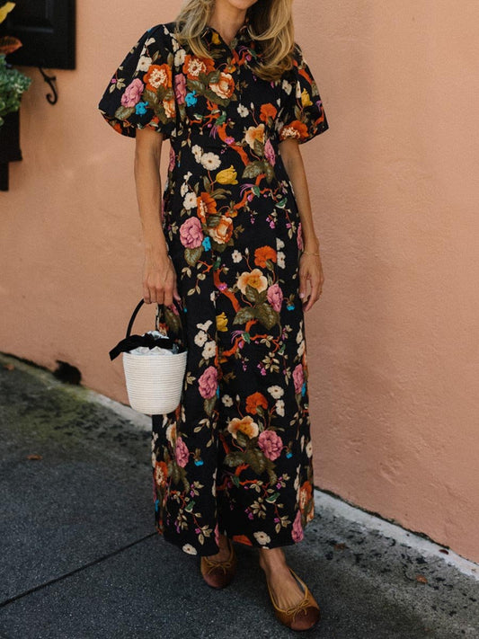 Floral Print Puff Sleeve Midi Shirtdress