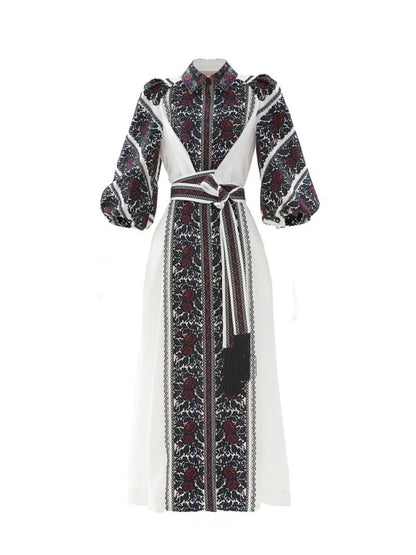 Placement Print Long Sleeve Belted Shirtdress