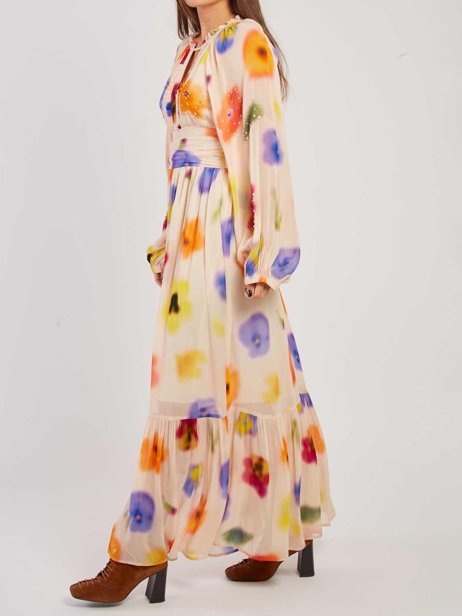 Printed Ruffled V Neck Maxi Dress