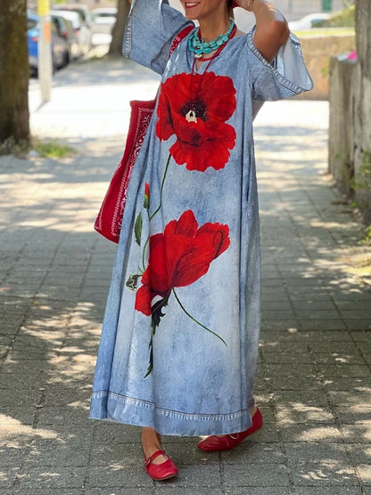 Flower Print Split Neck Loose Maxi Dress