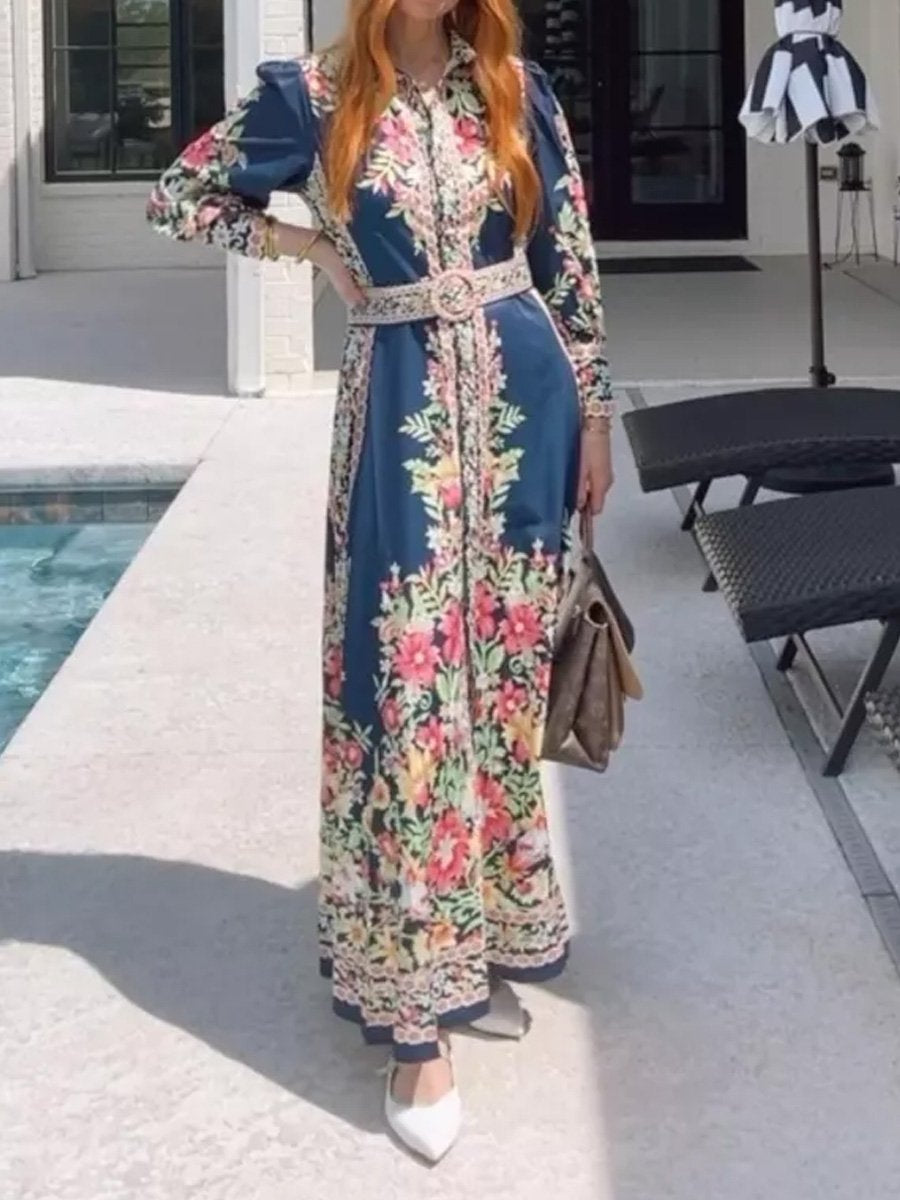 Women's Vintage Floral Print Belt Maxi Dress