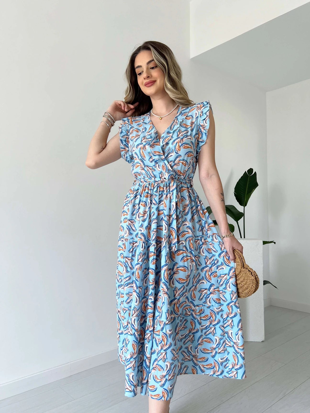 Sleeve Ruffle Midi Length Dress