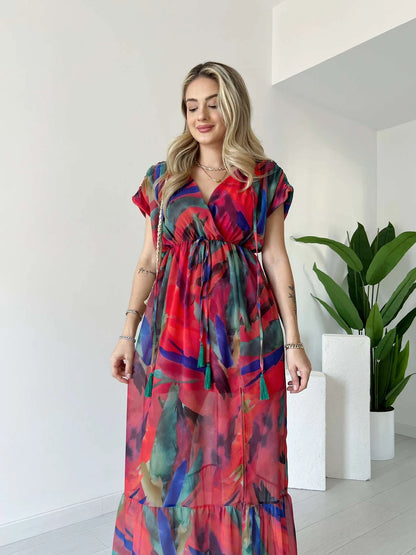 Double Breasted Collar Chiffon Dress with Tassel Waistpiece