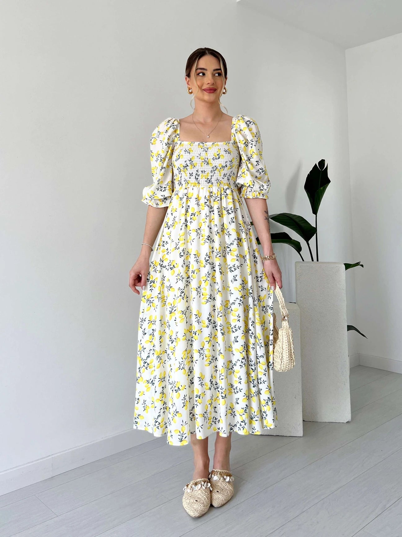 Lemon Pattern Breast Giped Dress