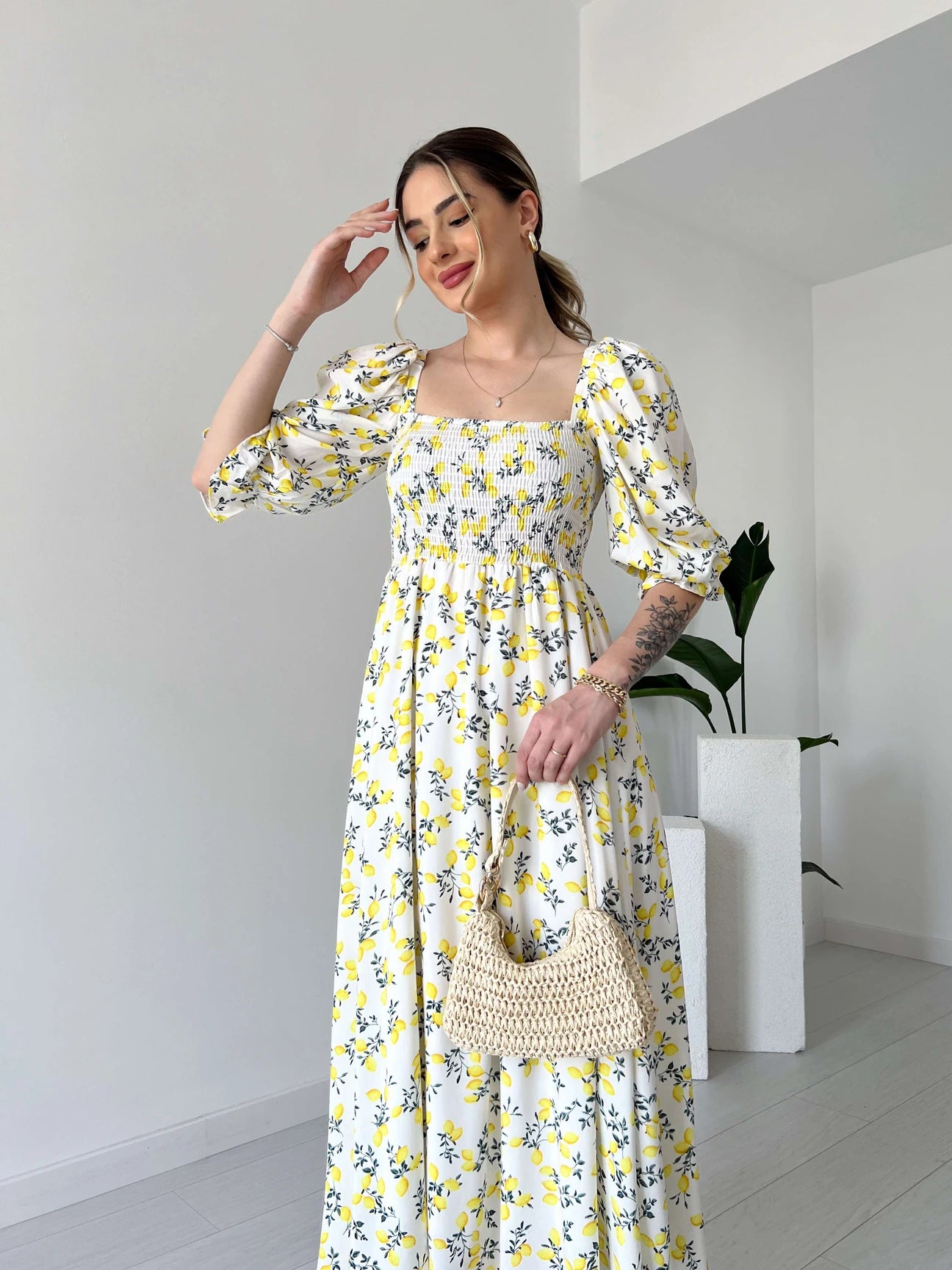 Lemon Pattern Breast Giped Dress