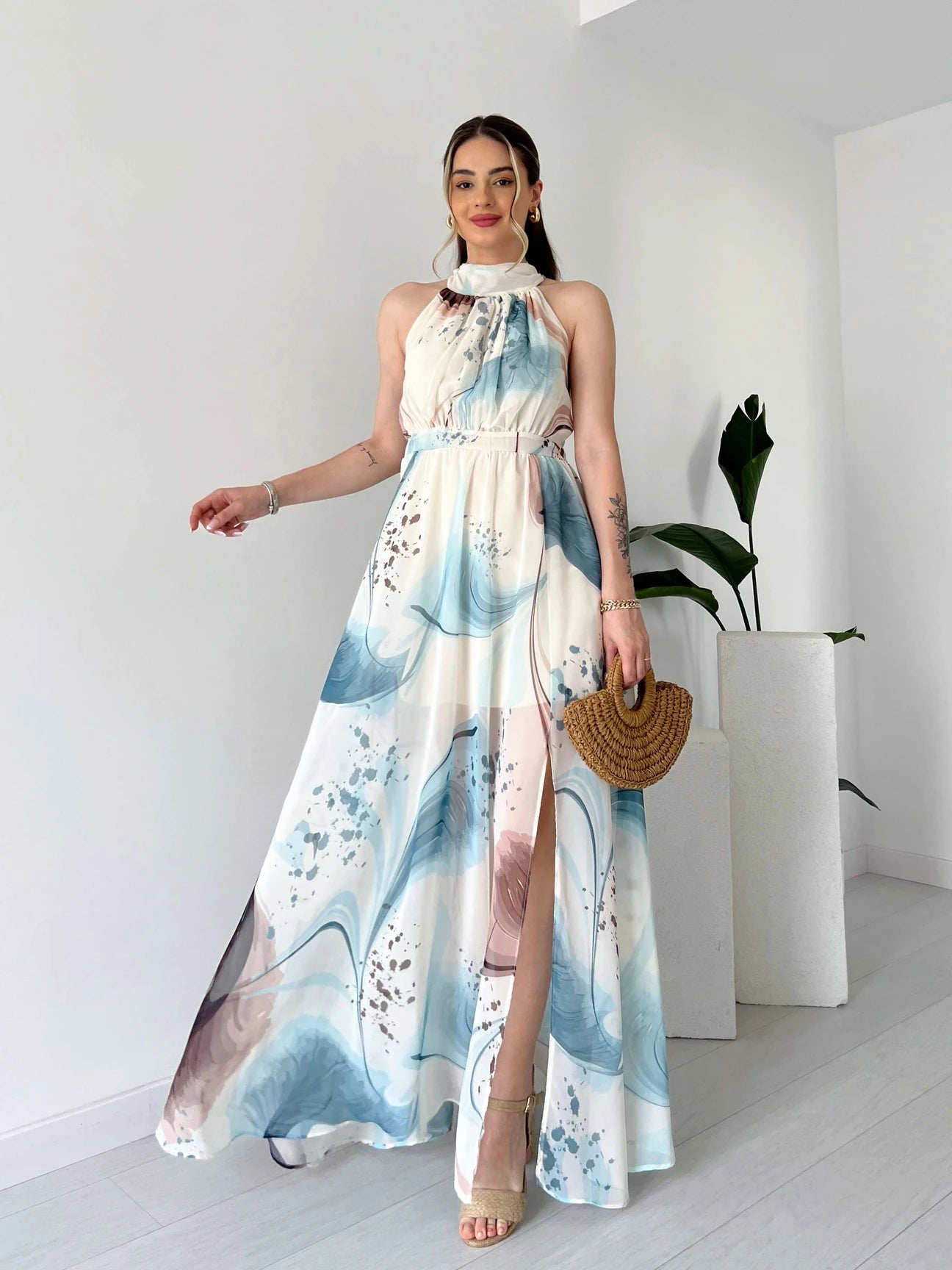 Maxi Printed Drawstring Sleeveless Dress