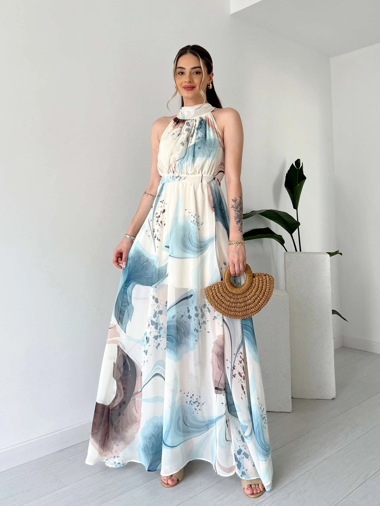 Maxi Printed Drawstring Sleeveless Dress