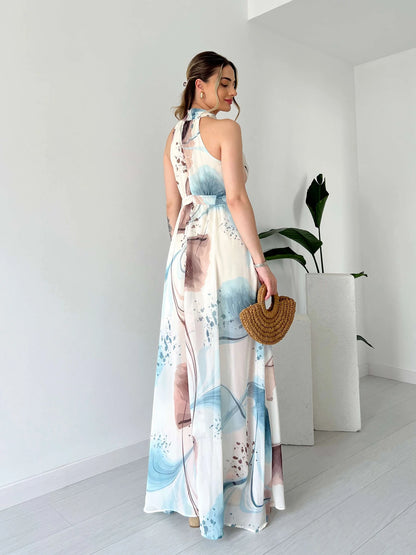 Maxi Printed Drawstring Sleeveless Dress