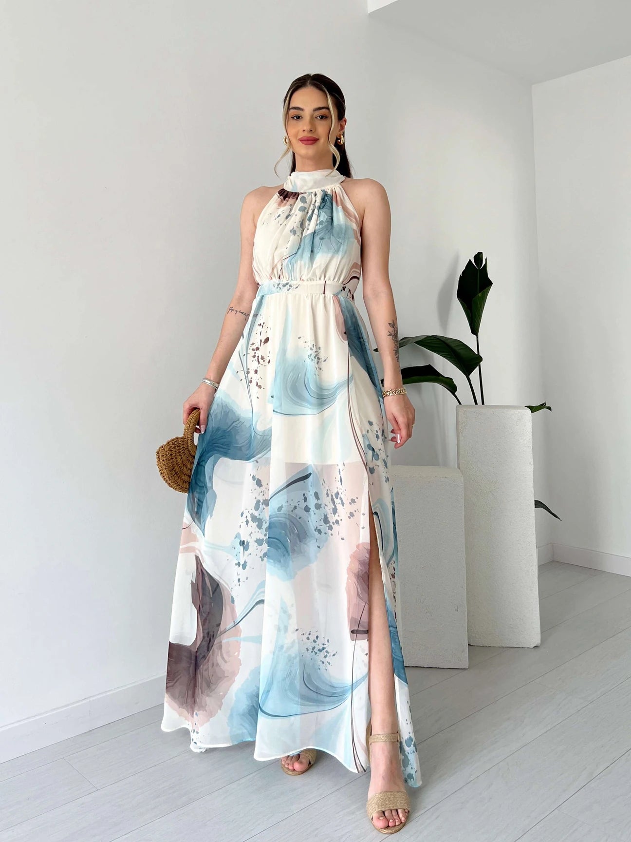 Maxi Printed Drawstring Sleeveless Dress