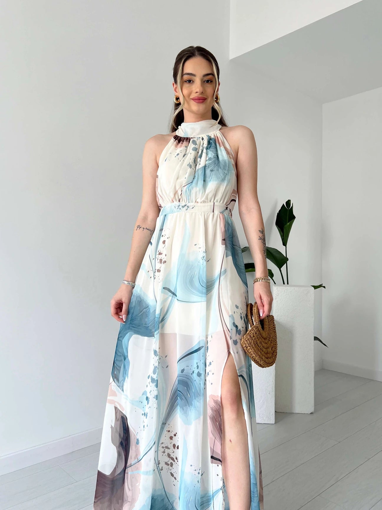 Maxi Printed Drawstring Sleeveless Dress