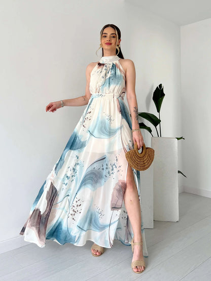 Maxi Printed Drawstring Sleeveless Dress