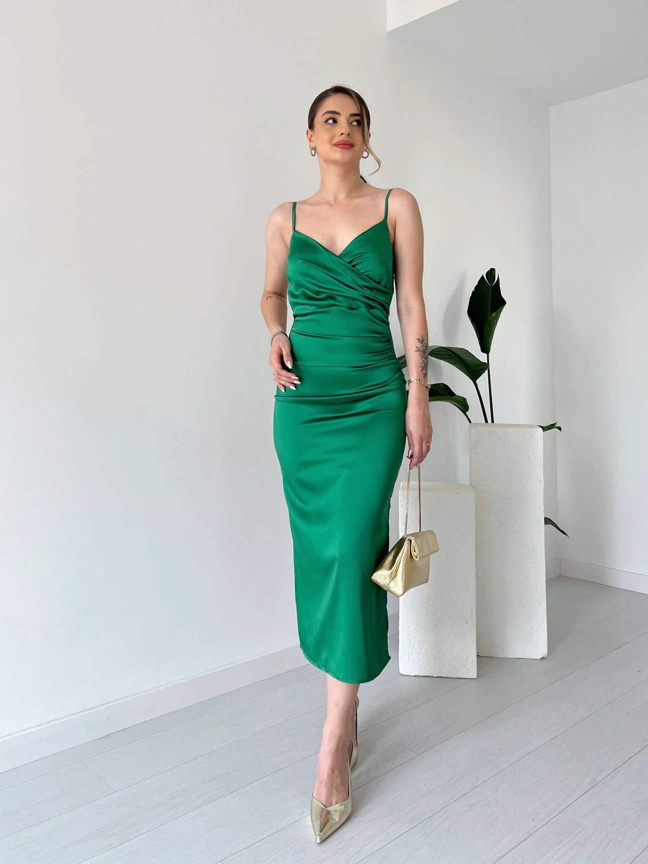 Midi Length Satin Dress with Straps