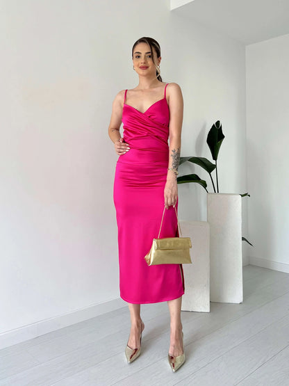 Midi Length Satin Dress with Straps