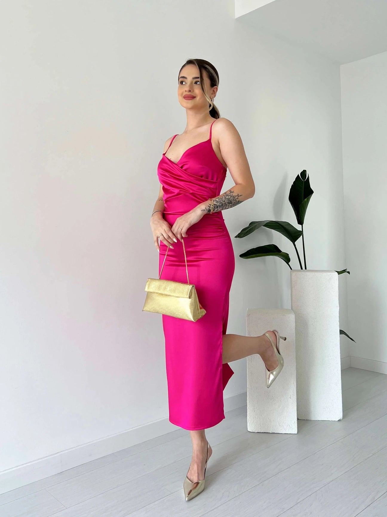 Midi Length Satin Dress with Straps