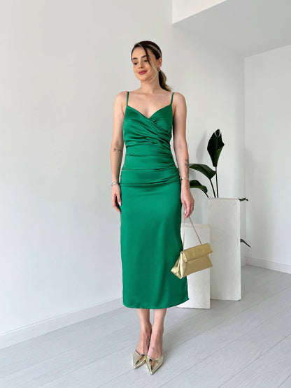 Midi Length Satin Dress with Straps