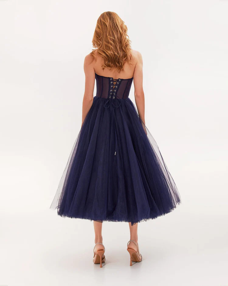 Strapless Puffy Midi Tulle Dress