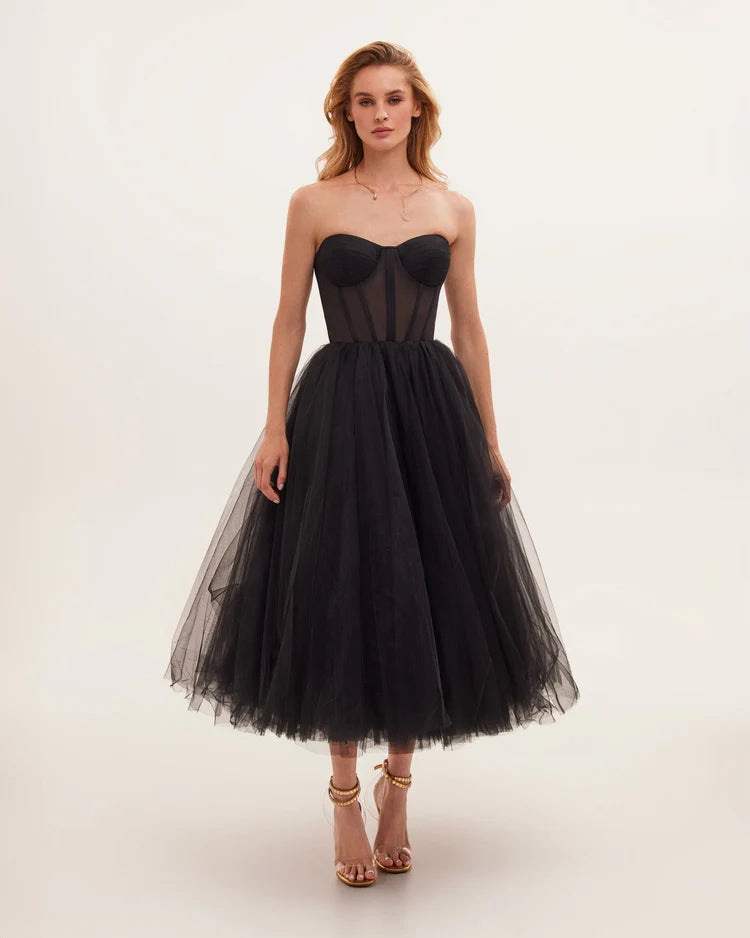 Strapless Puffy Midi Tulle Dress