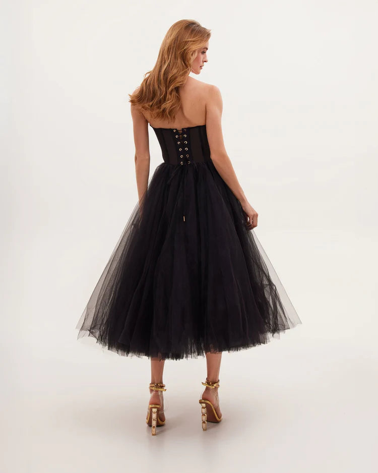 Strapless Puffy Midi Tulle Dress