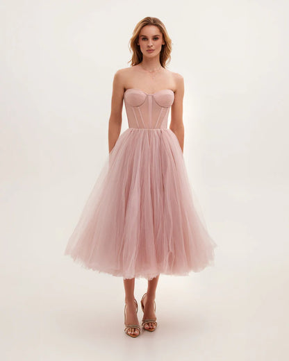 Strapless Puffy Midi Tulle Dress