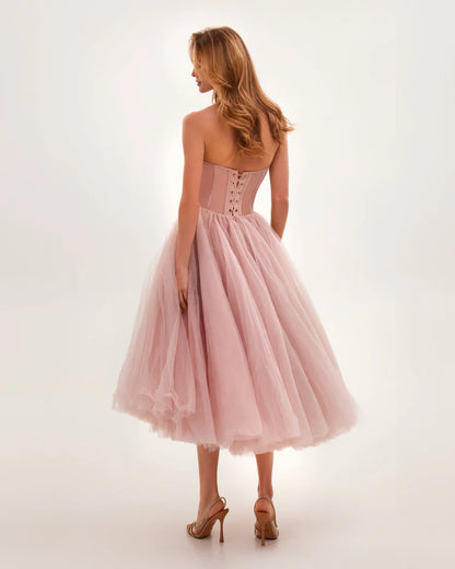 Strapless Puffy Midi Tulle Dress