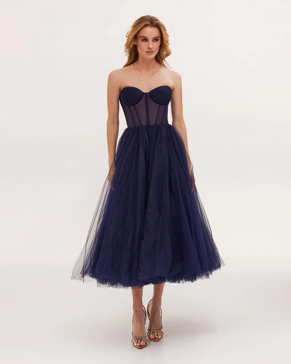 Strapless Puffy Midi Tulle Dress