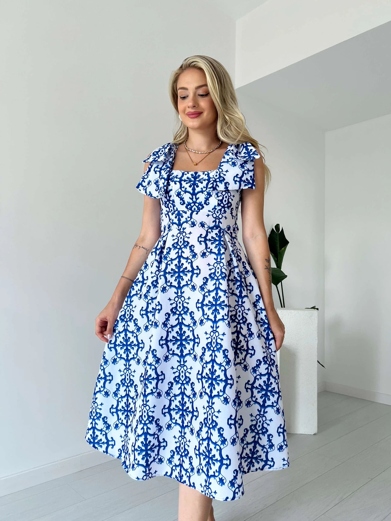 Poplin Dress with Shoulder Bow