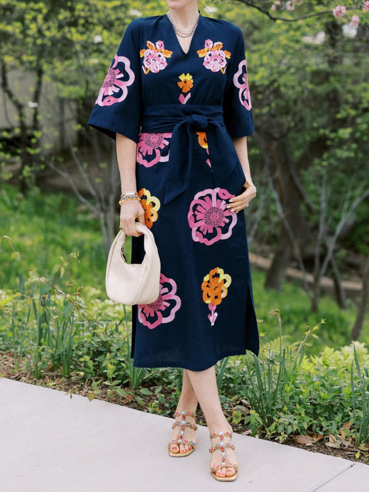 Simple Navy Printed Casual Dress