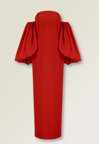 Red gown with puffed sleeves