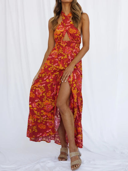 🔥Last Day 49% OFF🔥Sexy Halter Neck Split Print Holiday Dress