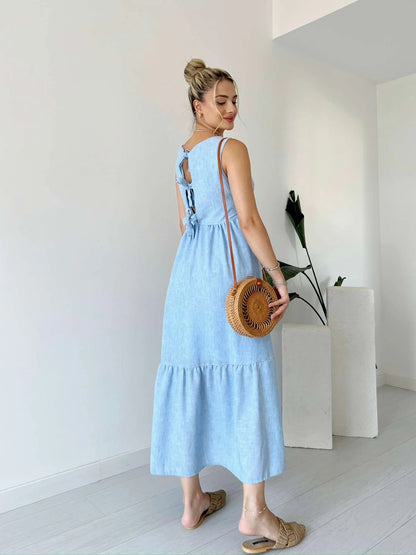 V Neck Back Detailed Linen Dress