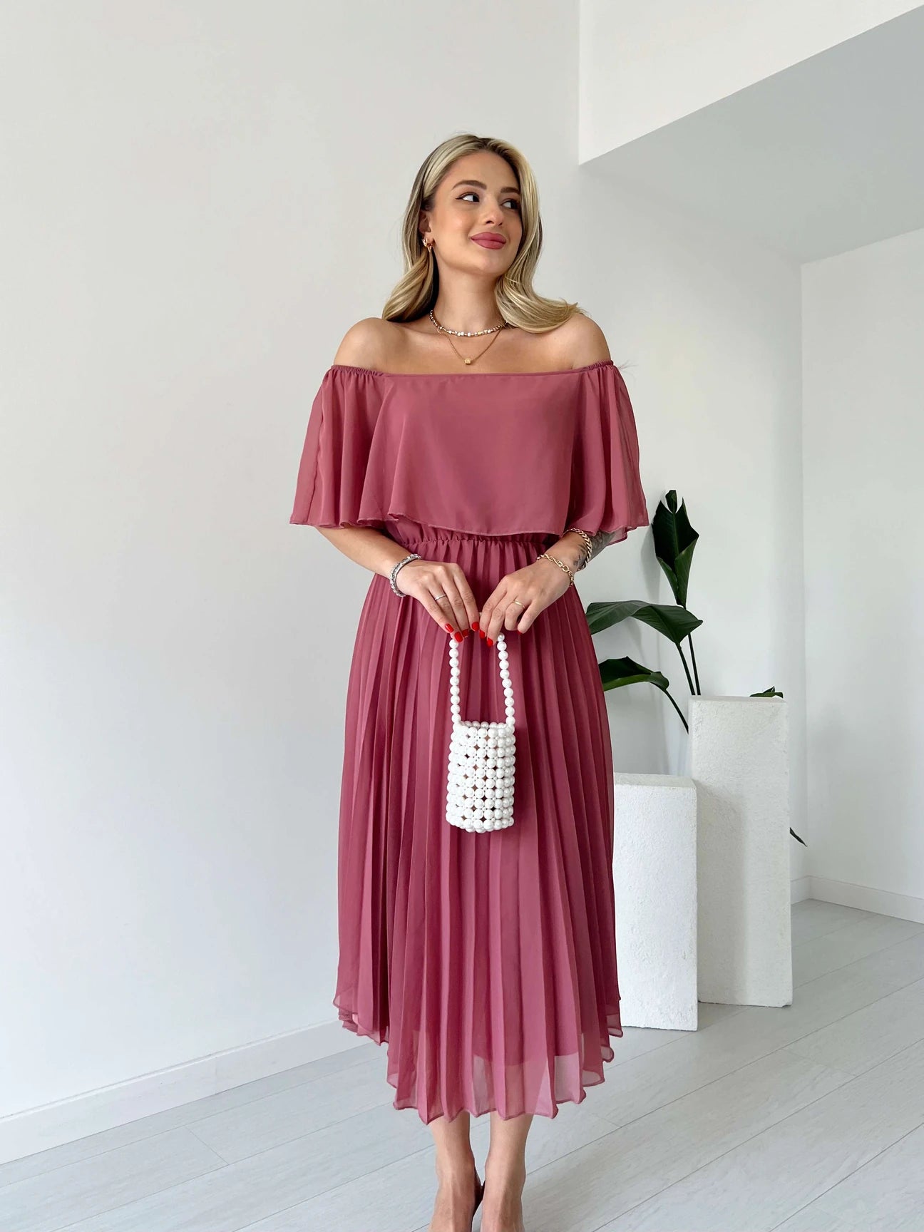 Pleated Chiffon Strapless Dress